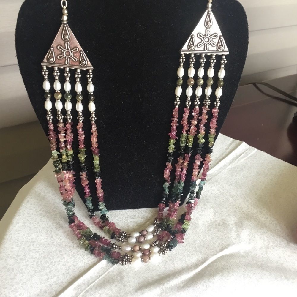 Multi-Strand Pink & Green Beaded Necklace with Silver Accents